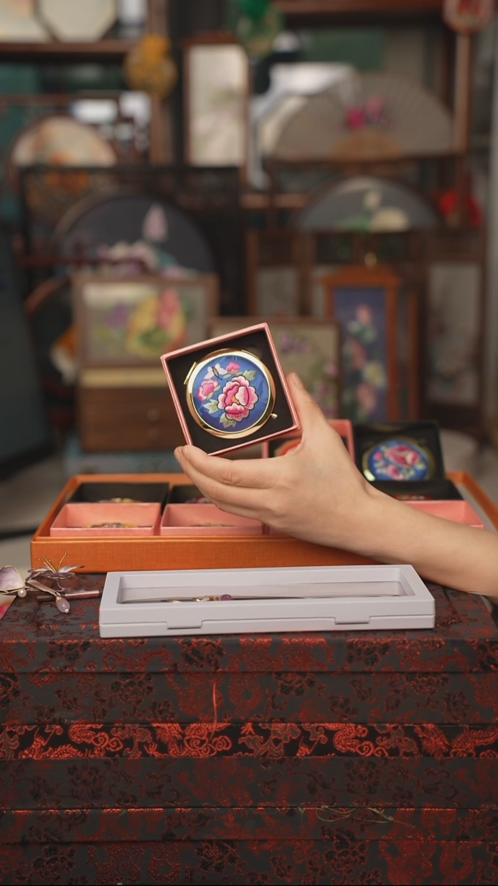 扇子镜子 绣花双面非遗