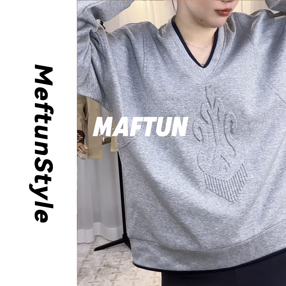 Maftun民族风高温压花V领秋冬休闲百搭宽松卫衣