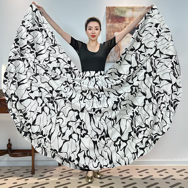 A《暮雪波纹》满铺印花密织蝉翼纱时尚全松紧腰大摆半身裙带衬裙