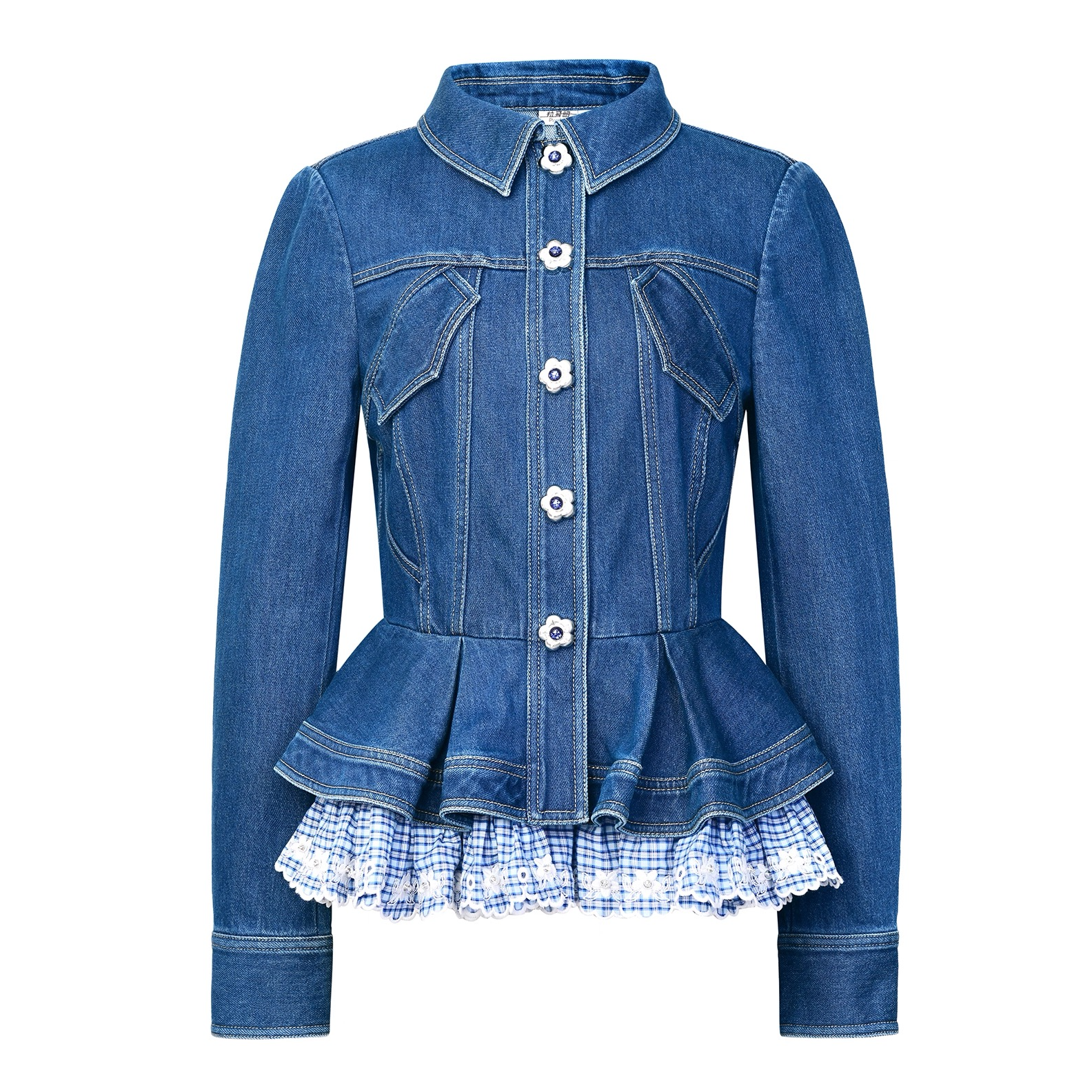 LeFame/拉飞姆25秋洛可可格子刺绣花边牛仔外套上衣FF25Q31NC199