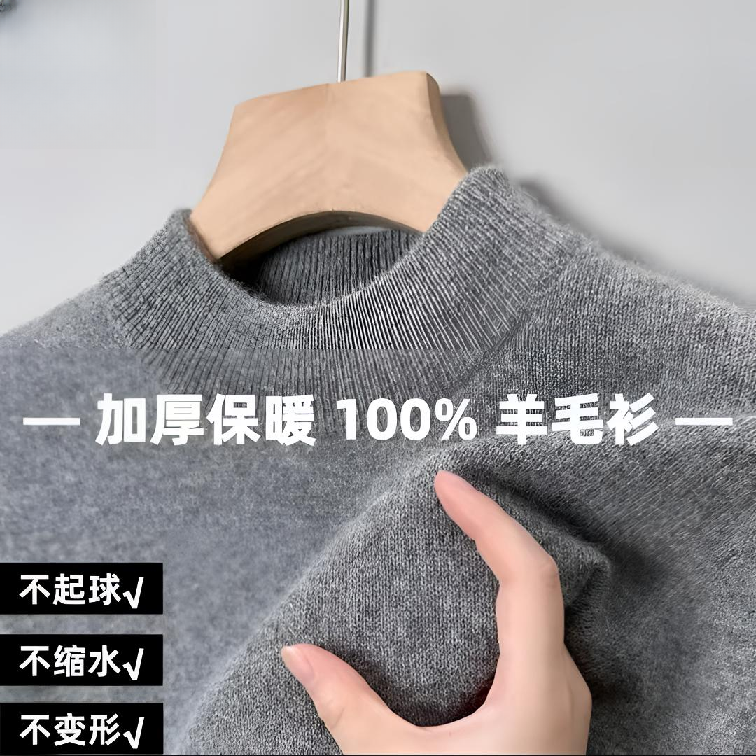【专柜正品】100羊毛衫男款秋冬季加厚针织半高领打底衫男士毛衣