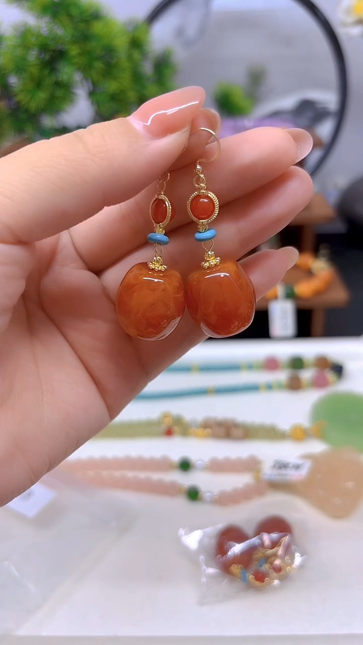 蜜蜡14K金镶嵌耳饰E718