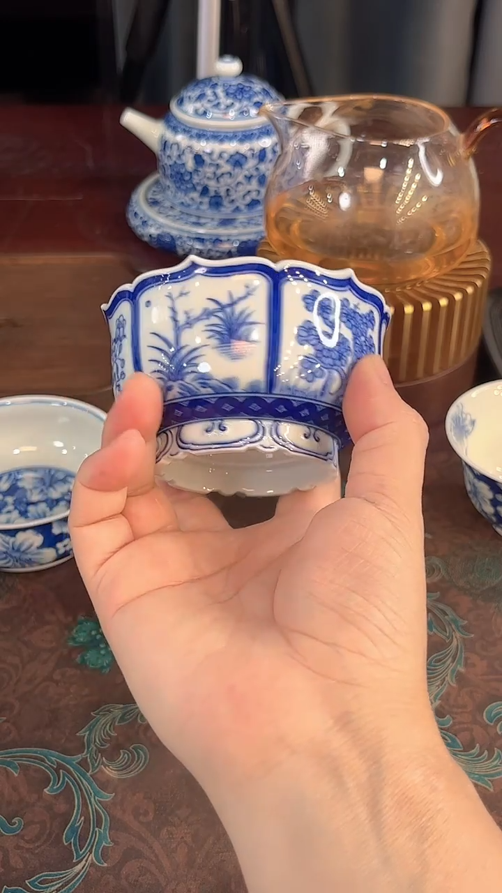 一****糖镹曰陶手工手绘柴窑茶具葵口花神