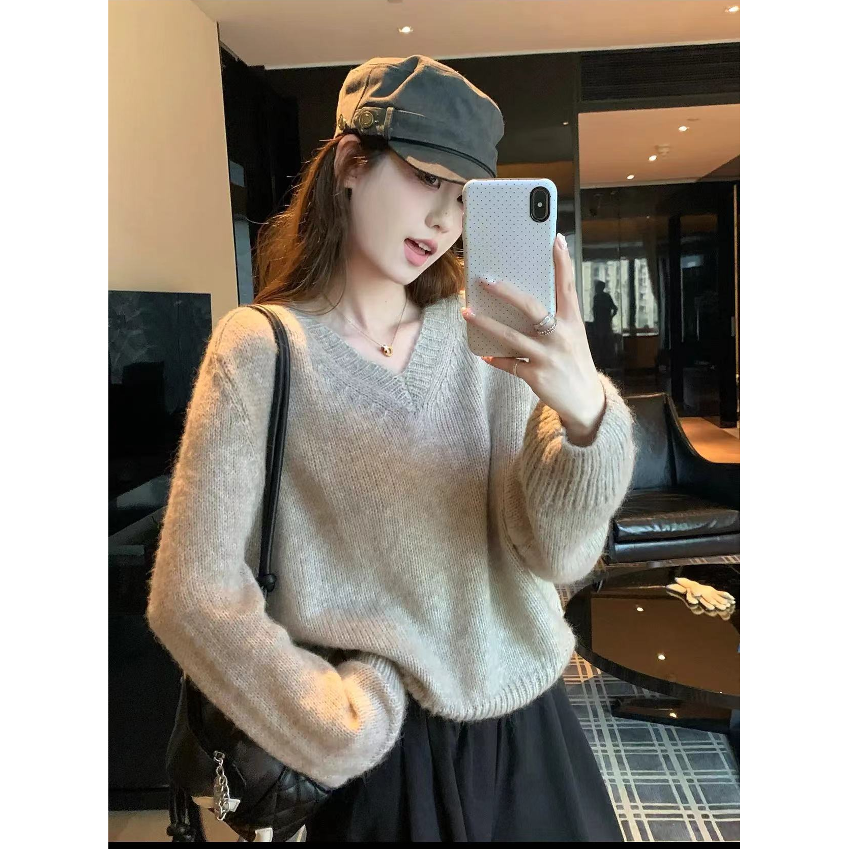 福利-新款V领套头宽松软糯毛衣长袖慵懒风显瘦针织衫上衣女