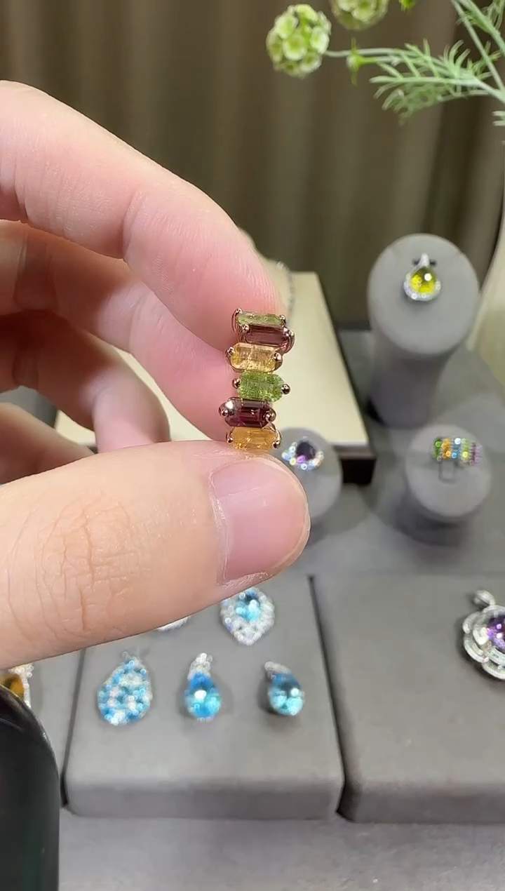 碧玺戒指银S925镶嵌3*6mm戒指排戒款多样性发