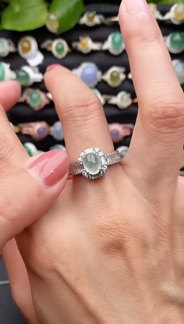 【闪购商品】翡翠戒指银S925镶嵌缅甸天然A货翡翠33   7-2