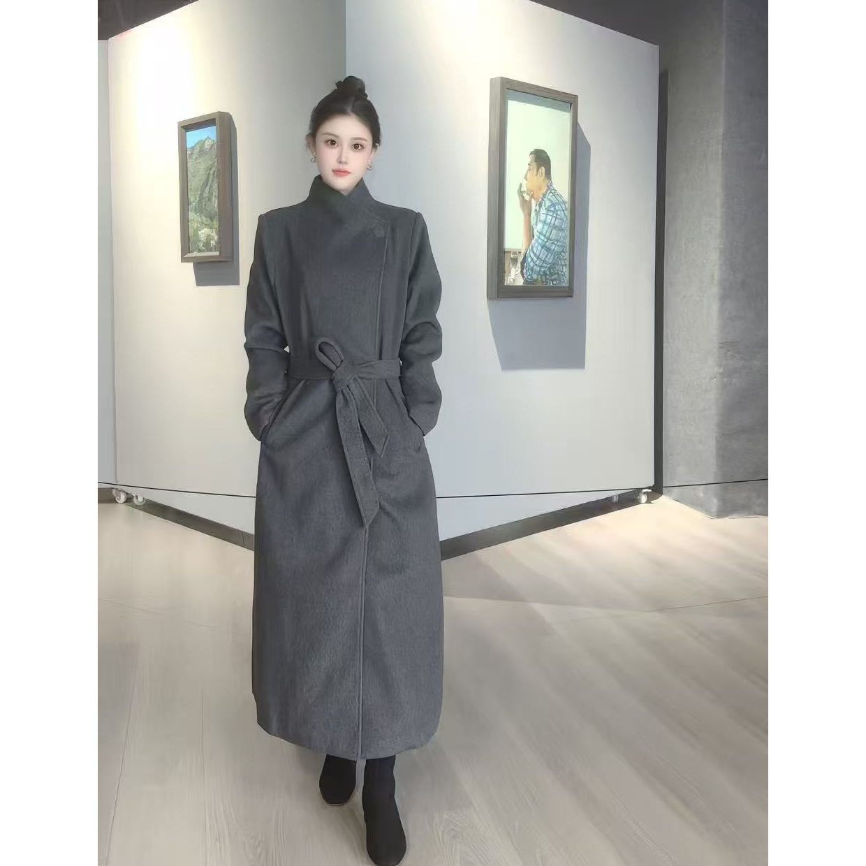 时尚长款立领收腰秋冬显瘦羊毛大衣