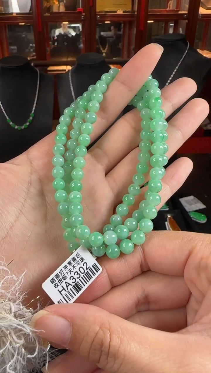 颈饰未镶嵌翡翠HA3302冰绿珠项串卡6-6.6