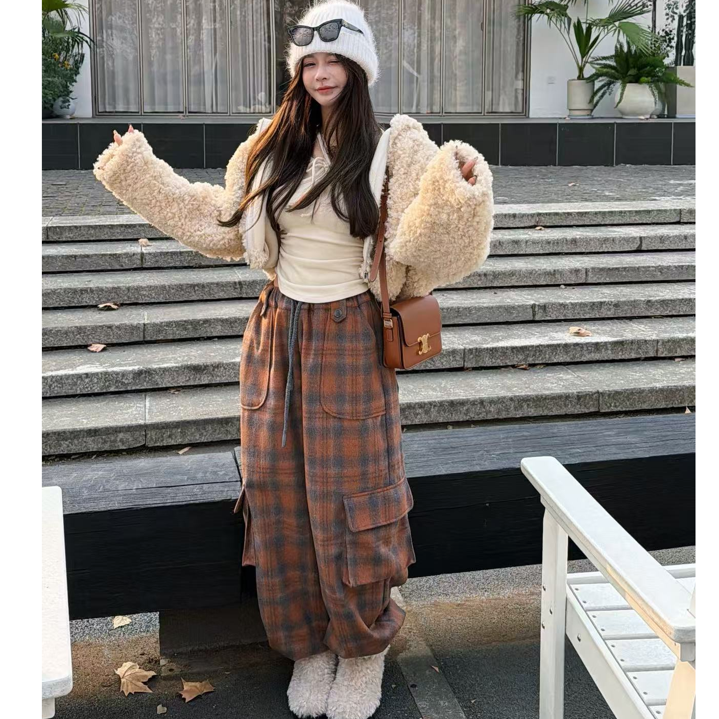 【YKL】软绒方糖 米杏杠条上衣橘色格子工装裤杏色软绒绒连帽外套