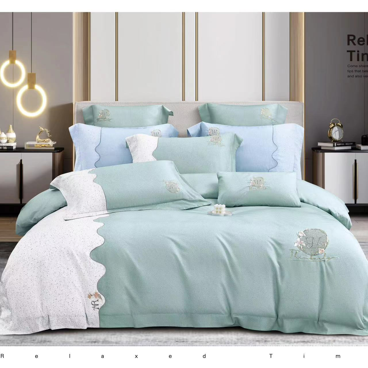 【高货清仓】欧式简约小清新刺绣莱赛尔天丝四件套-芙丽卡/踪影绿