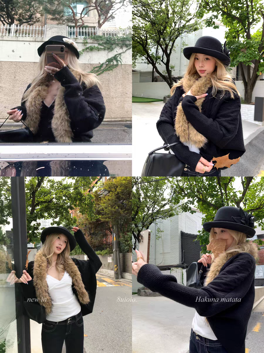 番茄园 贵女Alpha  黑色毛领针织蝙蝠袖开衫