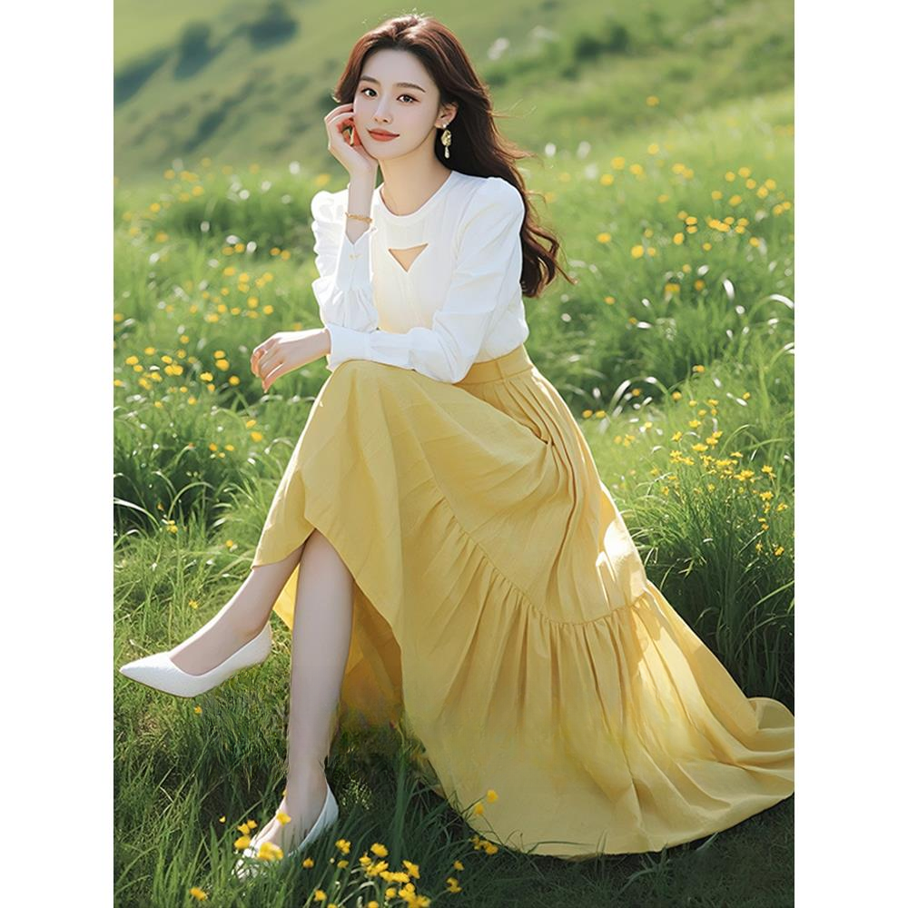 今年流行漂亮黄色衬衫连衣裙子韩系气质温柔风早春穿搭套装高级感