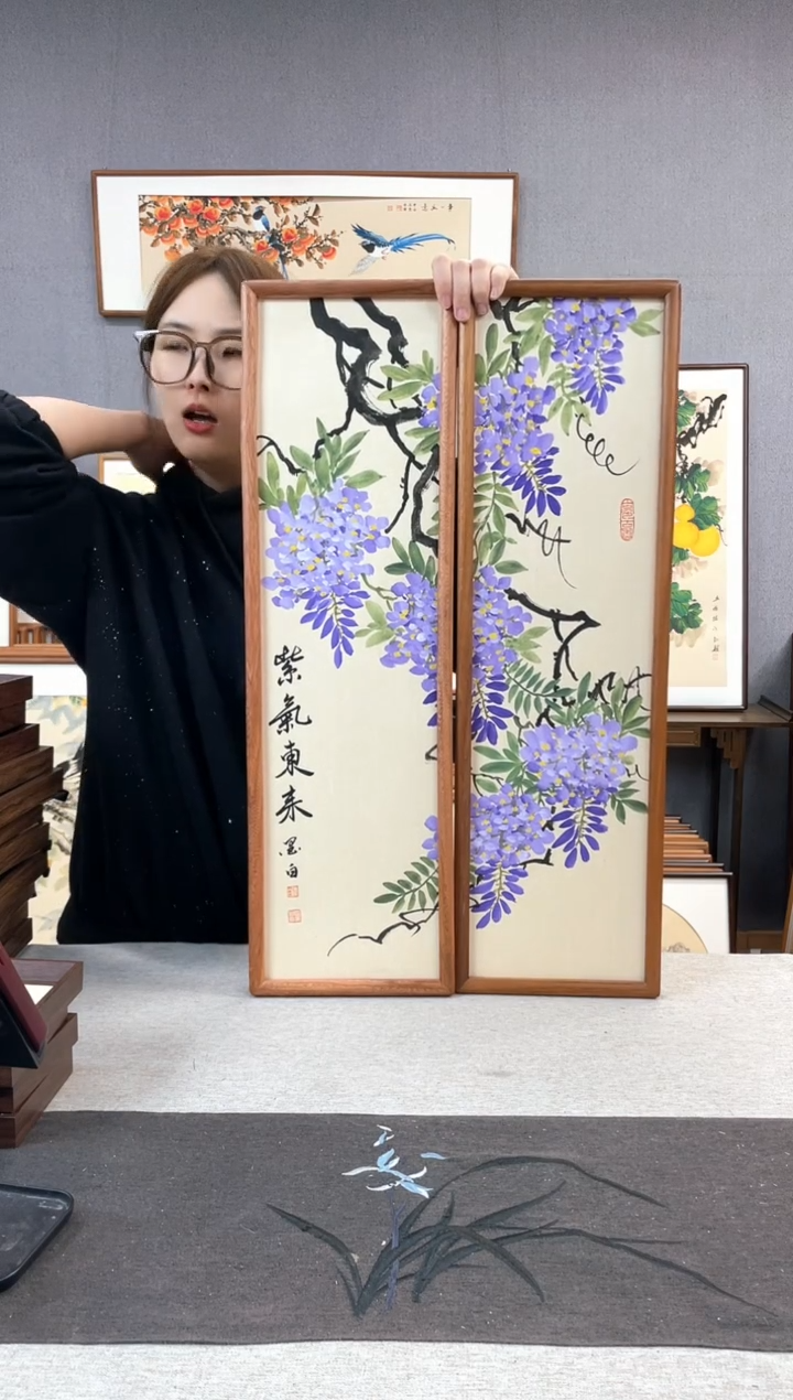 【闪购商品】国画手写手绘带框作品-20*70-紫藤