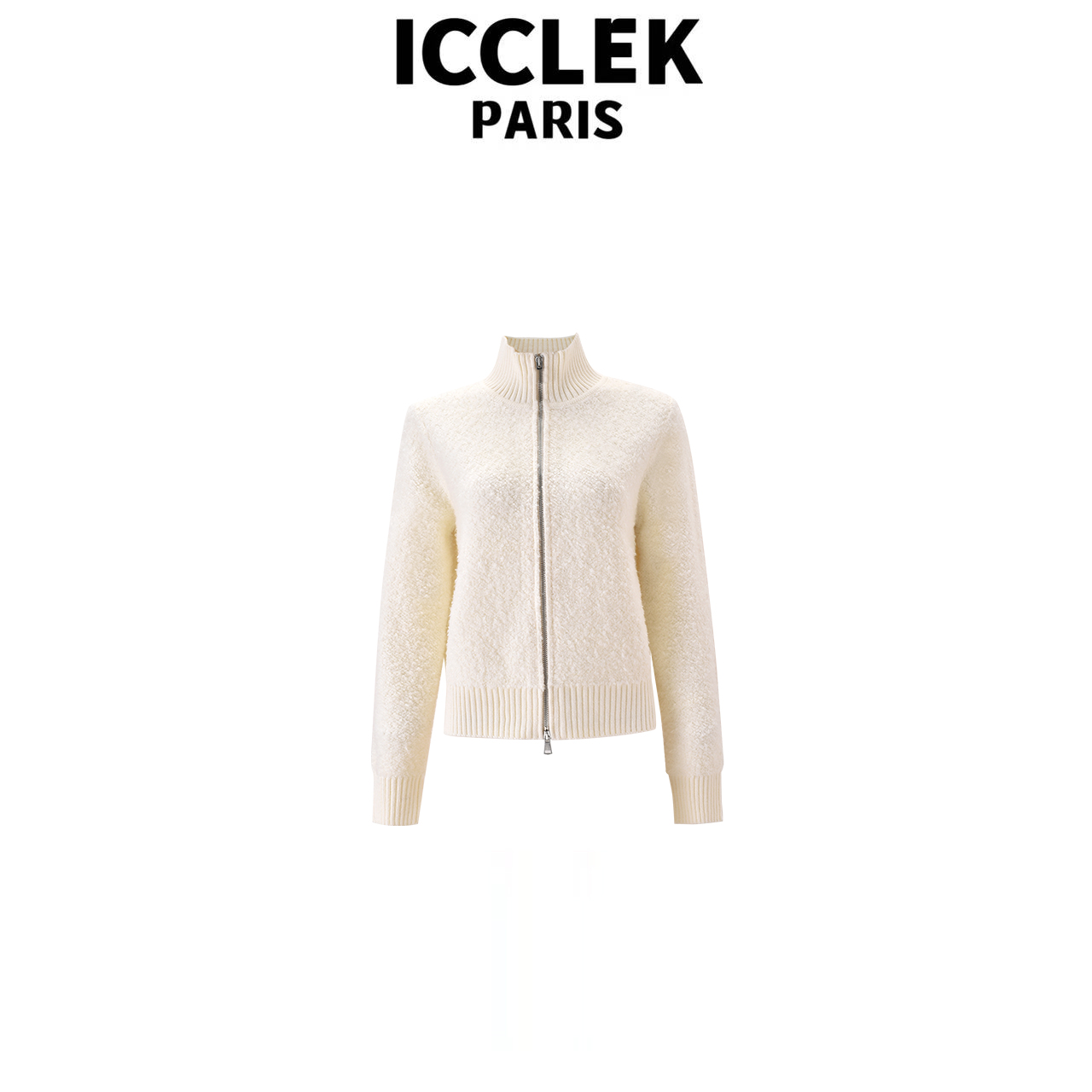 ICCLEK 秋冬轻奢白色半高领长袖针织开衫名媛百搭气质外套 - 9244