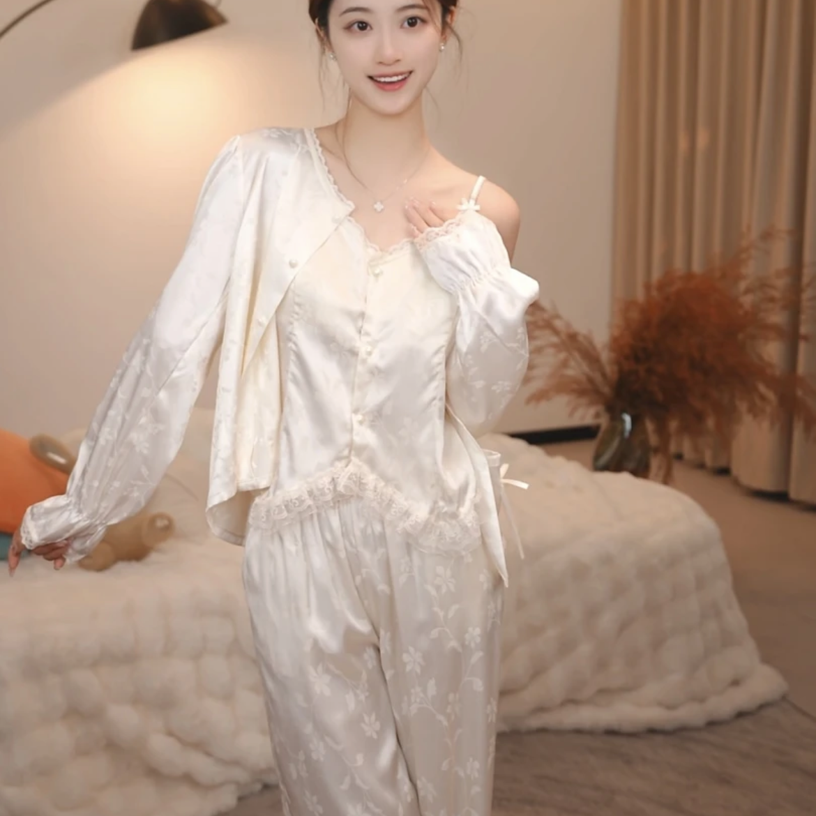 【缎面好面料】【朝屿3件套】长袖+长袖+吊带新中式睡衣女士家居服