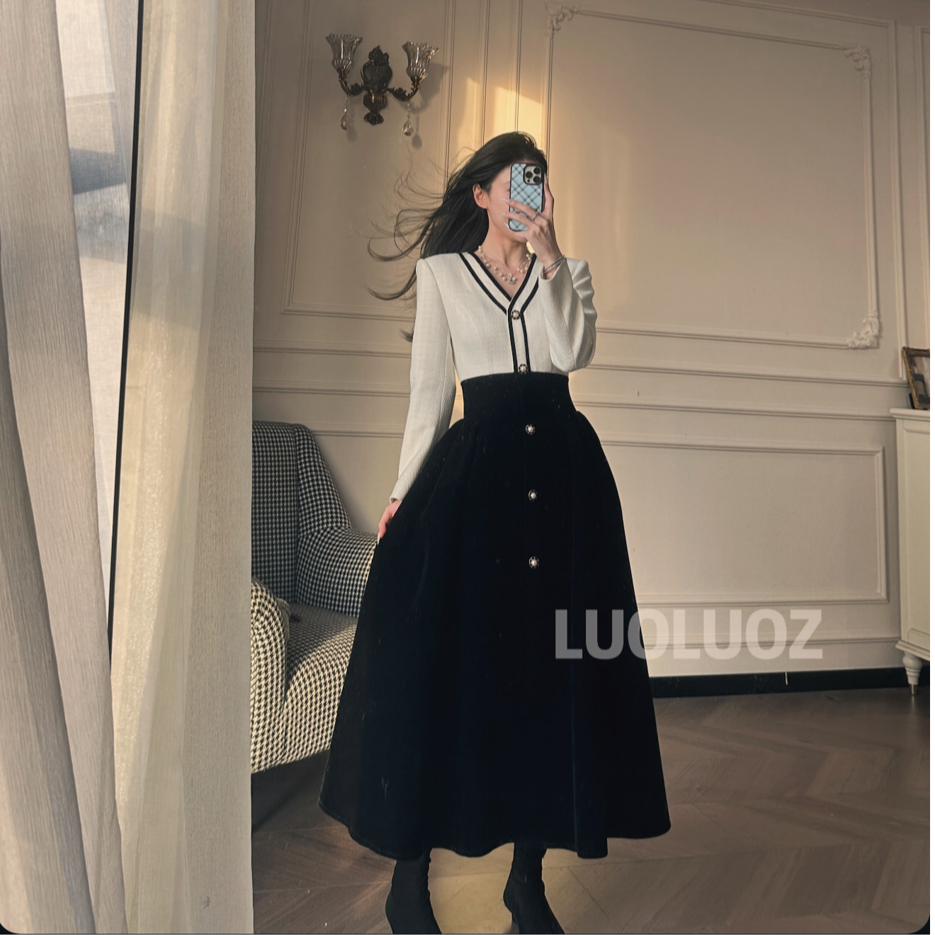 LUOLUOZ【鸣奏晚风】高级感气质厚实撞色收腰绝美长款连衣裙CC313