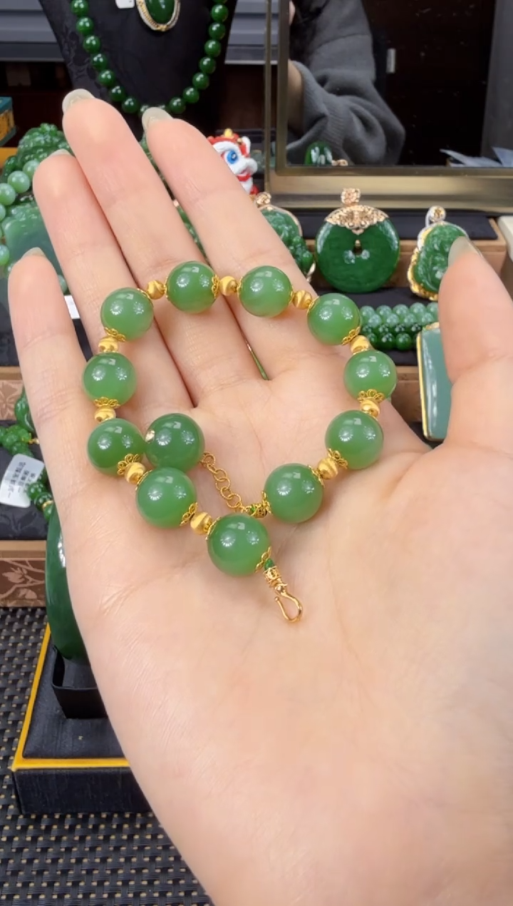 【闪购商品】和田玉（糖玉）手串18K金镶嵌