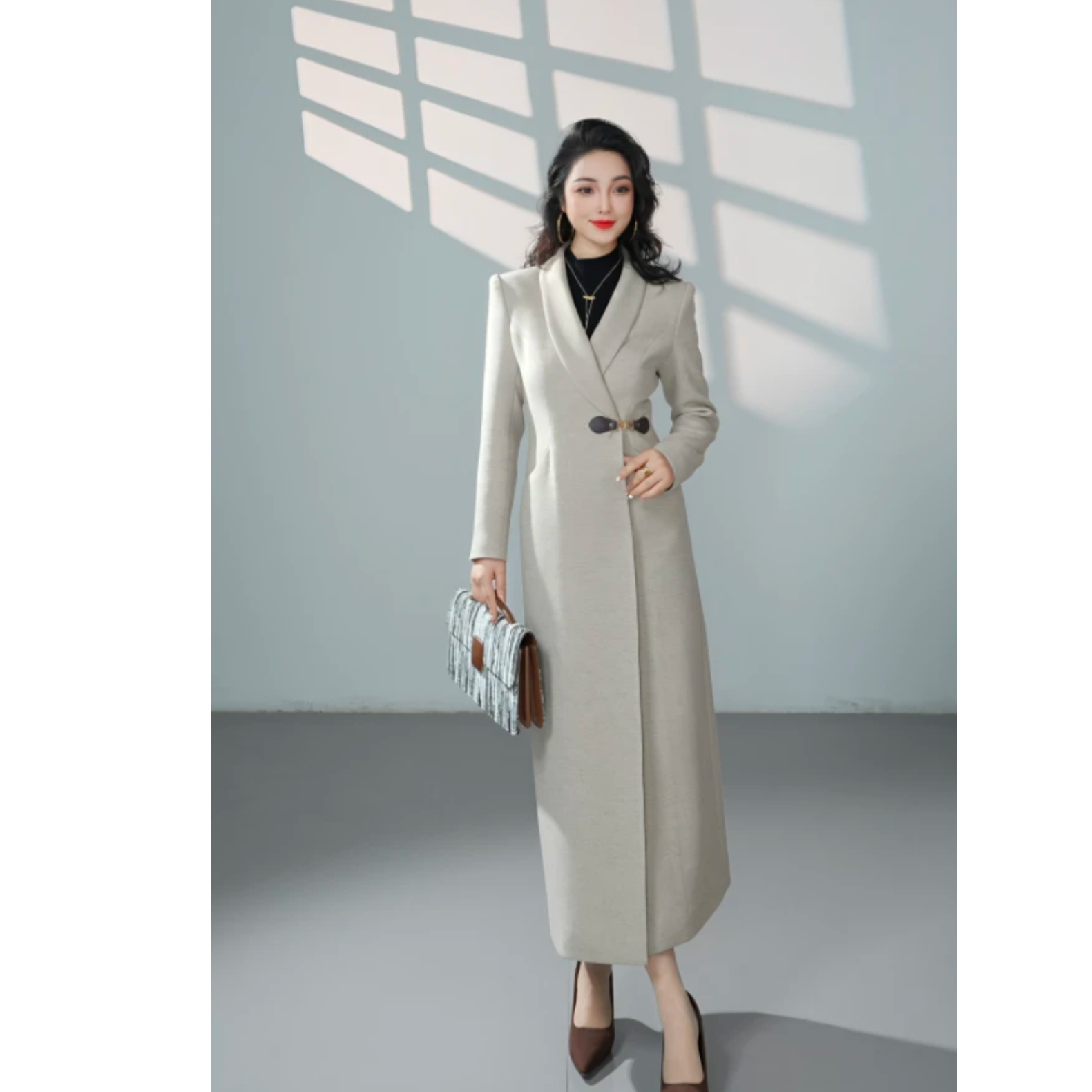 [耀飞原创3662]灰白色羊毛厚款优雅气质高贵简约时尚连衣裙外套