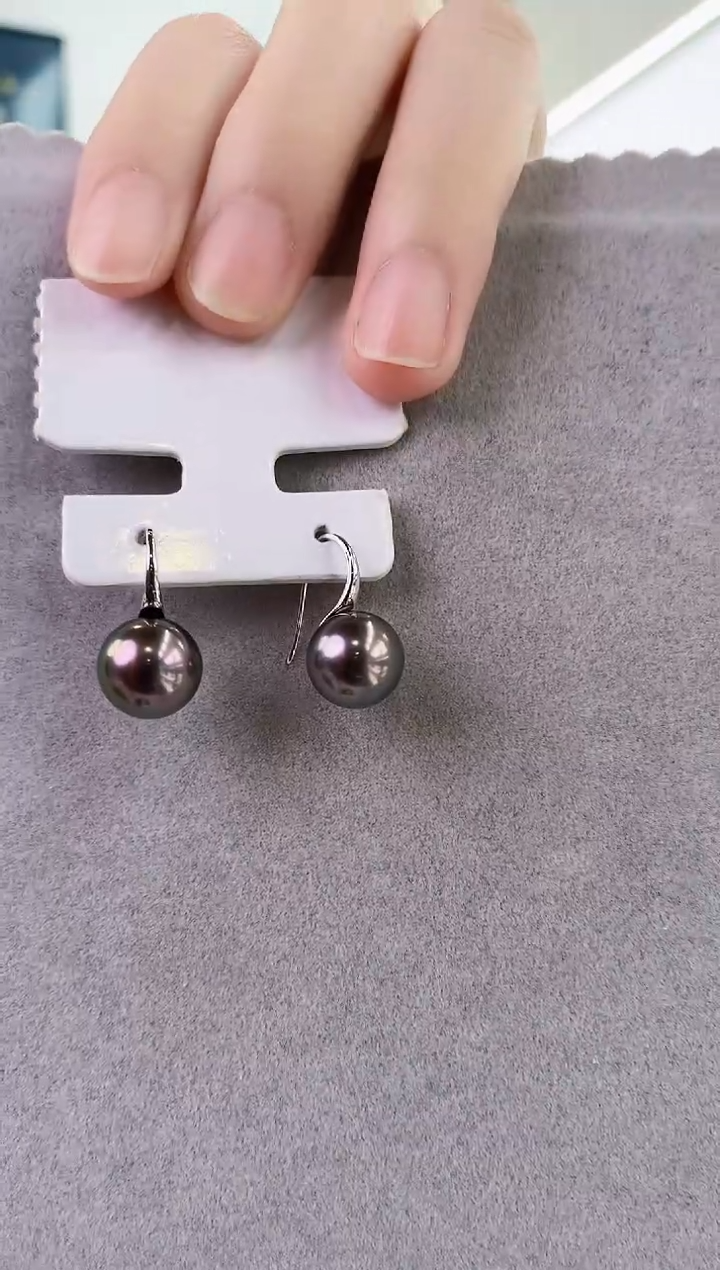 18K金镶嵌海水珍珠耳饰9-10大溪地黑珍珠耳饰