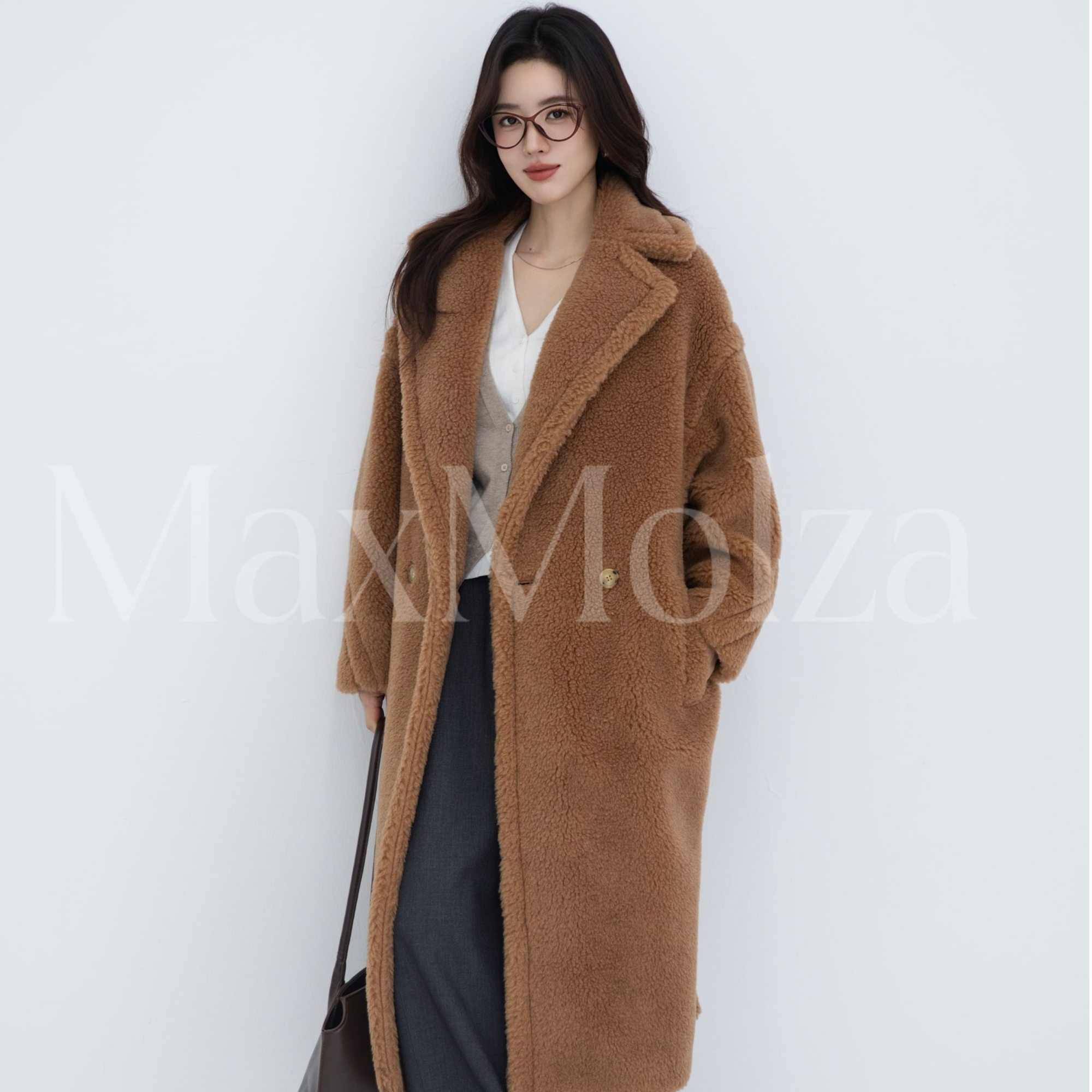 MaxMolza经典泰迪熊长款翻领时尚大衣外套女款