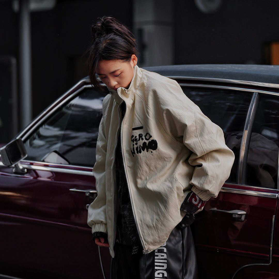 做旧擦脏皮质撞色运动皮衣冬季外套口袋拼接胶片潮牌痞帅连帽夹克