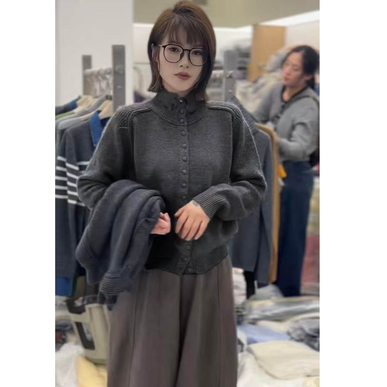 【可立可翻包扣】深灰色新款气质纯色长袖显瘦百搭针织衫女毛衣