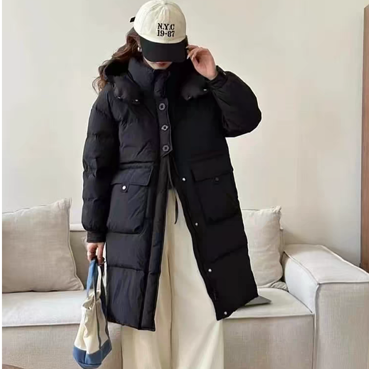 韩系三粒扣冬季中长款收腰连帽休闲白鸭绒嘎嘎服外套