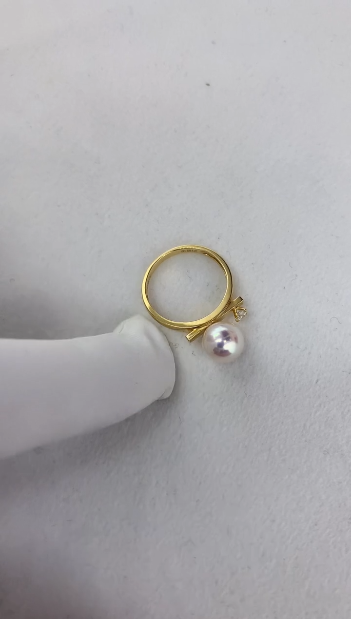 【闪购商品】海水珍珠戒指18K金镶嵌单钻平衡戒指8-8.5