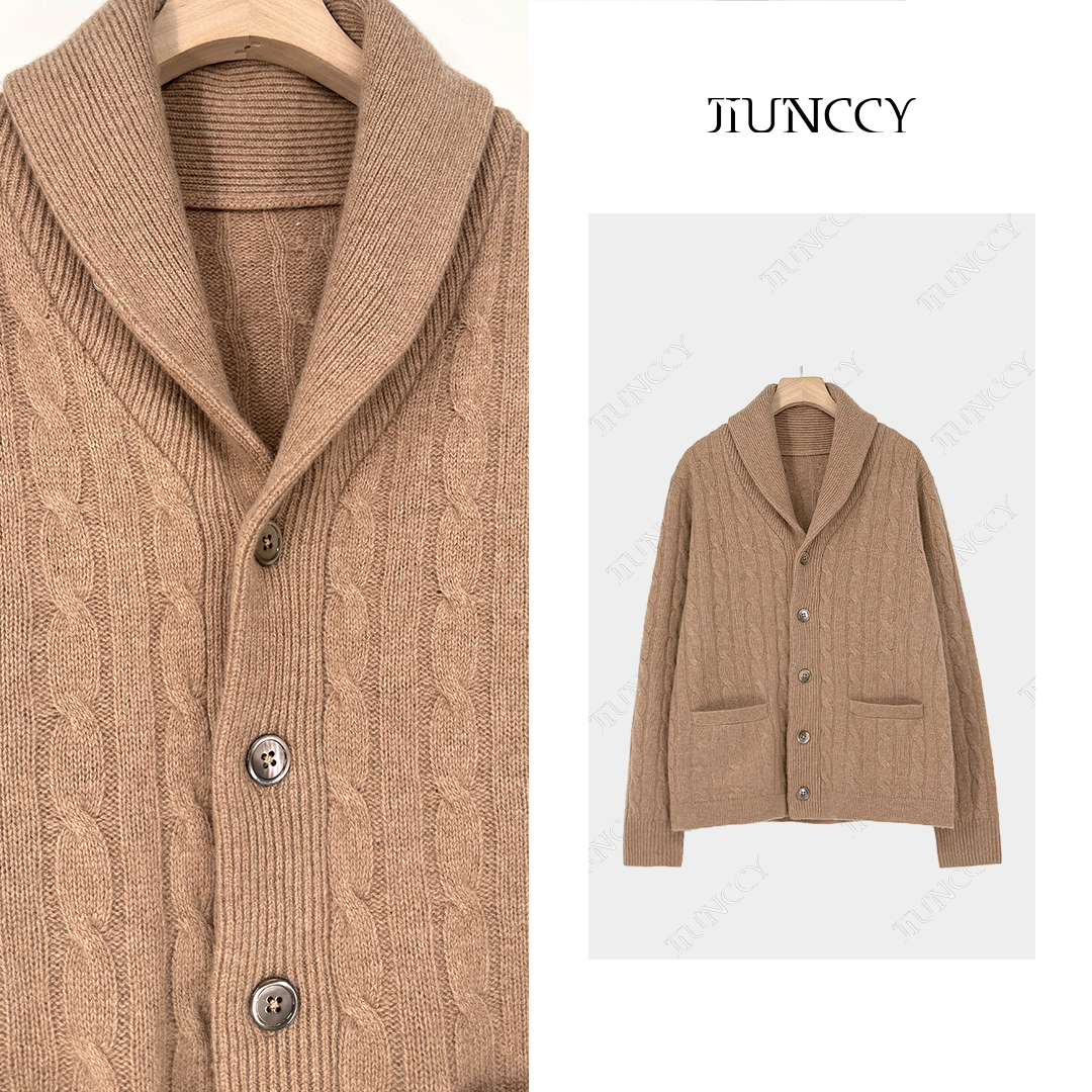 JIUNCCY【仰月】羊绒羊毛混纺立体绞花青果领针织毛衣开衫 52YZZ136