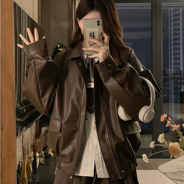 韩版学院风皮衣外套女春秋新款宽松显瘦气质高级感休闲百搭皮夹克
