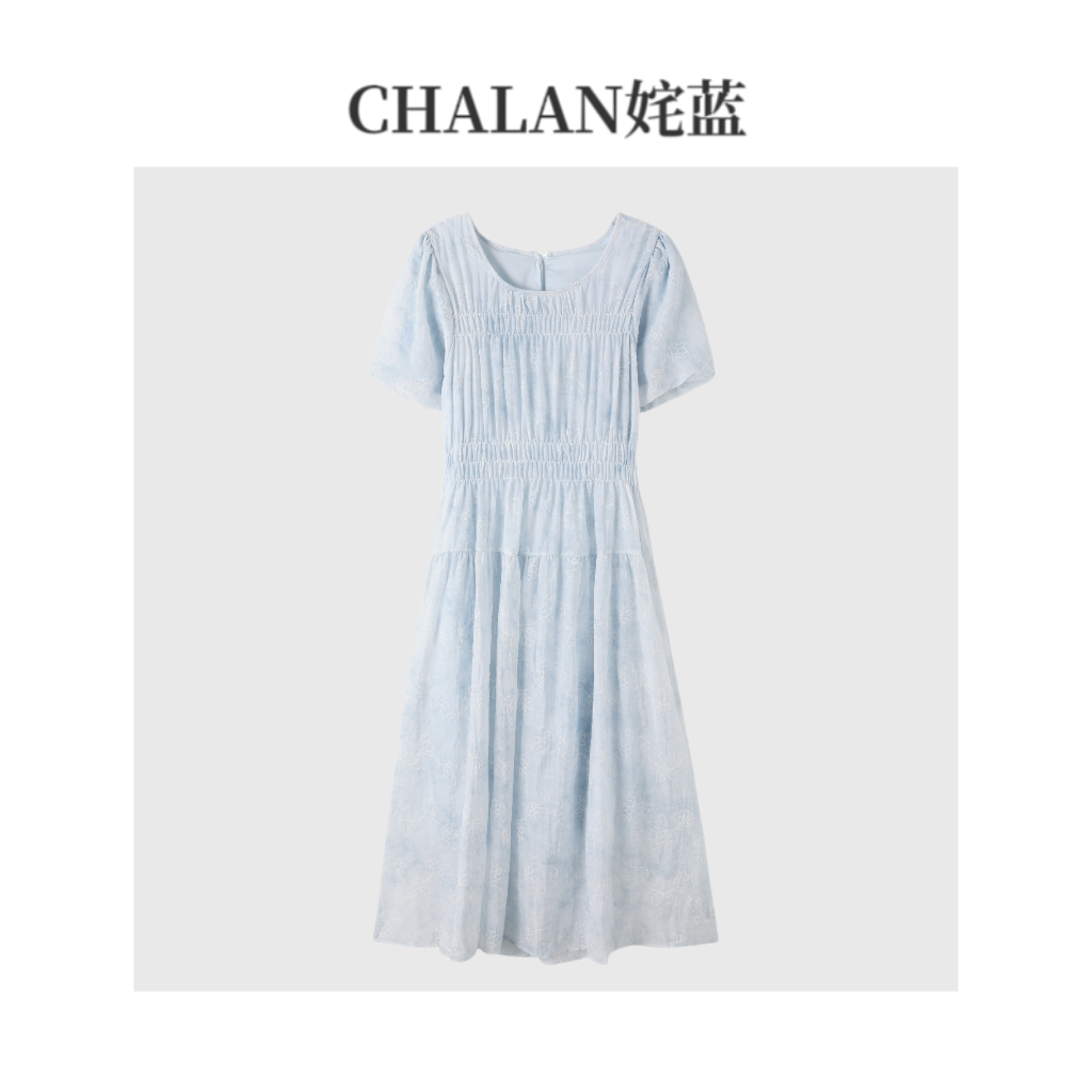 【绿子粉丝专享】CHALAN姹蓝 夏季温柔风刺绣泡泡袖松紧腰连衣裙