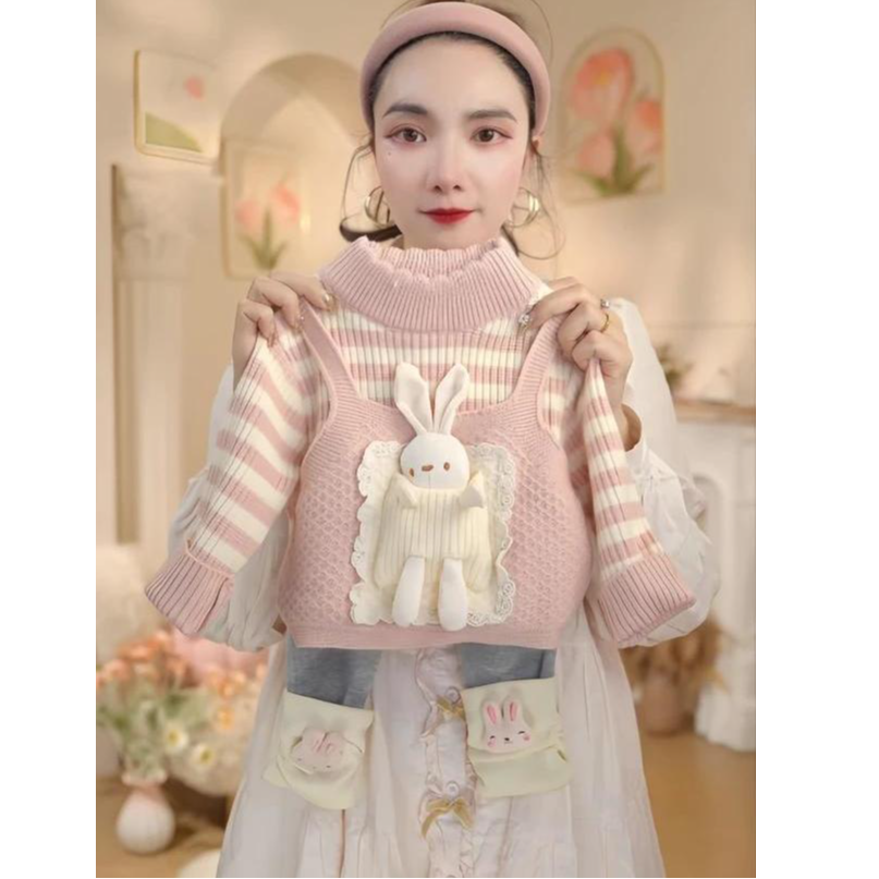 【萌兔套装】女童毛衣加厚针织套头衫加绒打底裤套装（赠可爱小兔子）