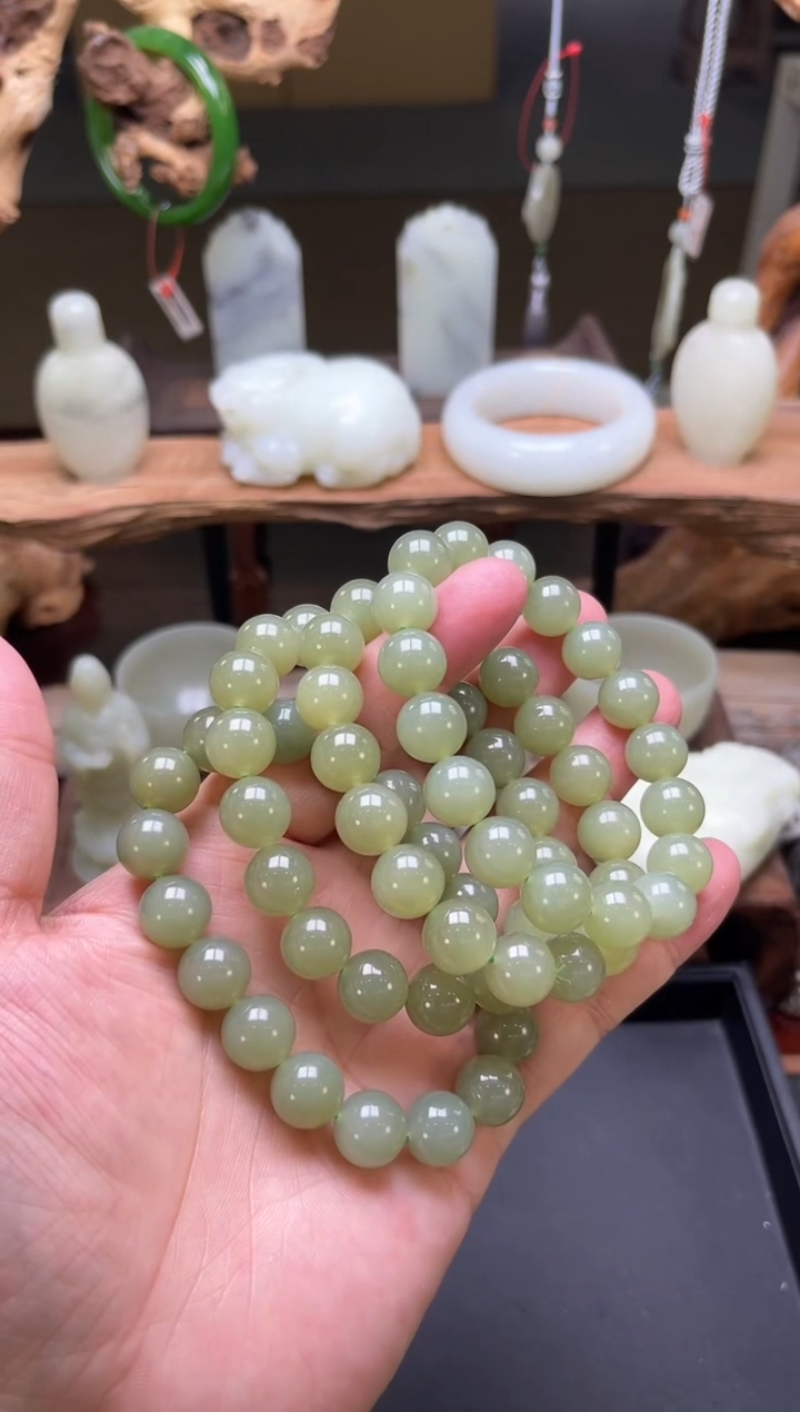 【闪购商品】和田玉手串未镶嵌卡12青海湖水绿 圆珠 多样性发一