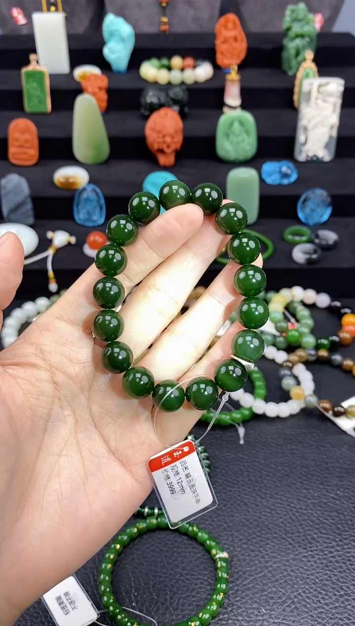 【闪购商品】和田玉-未镶嵌12mm碧玉圆珠手串
