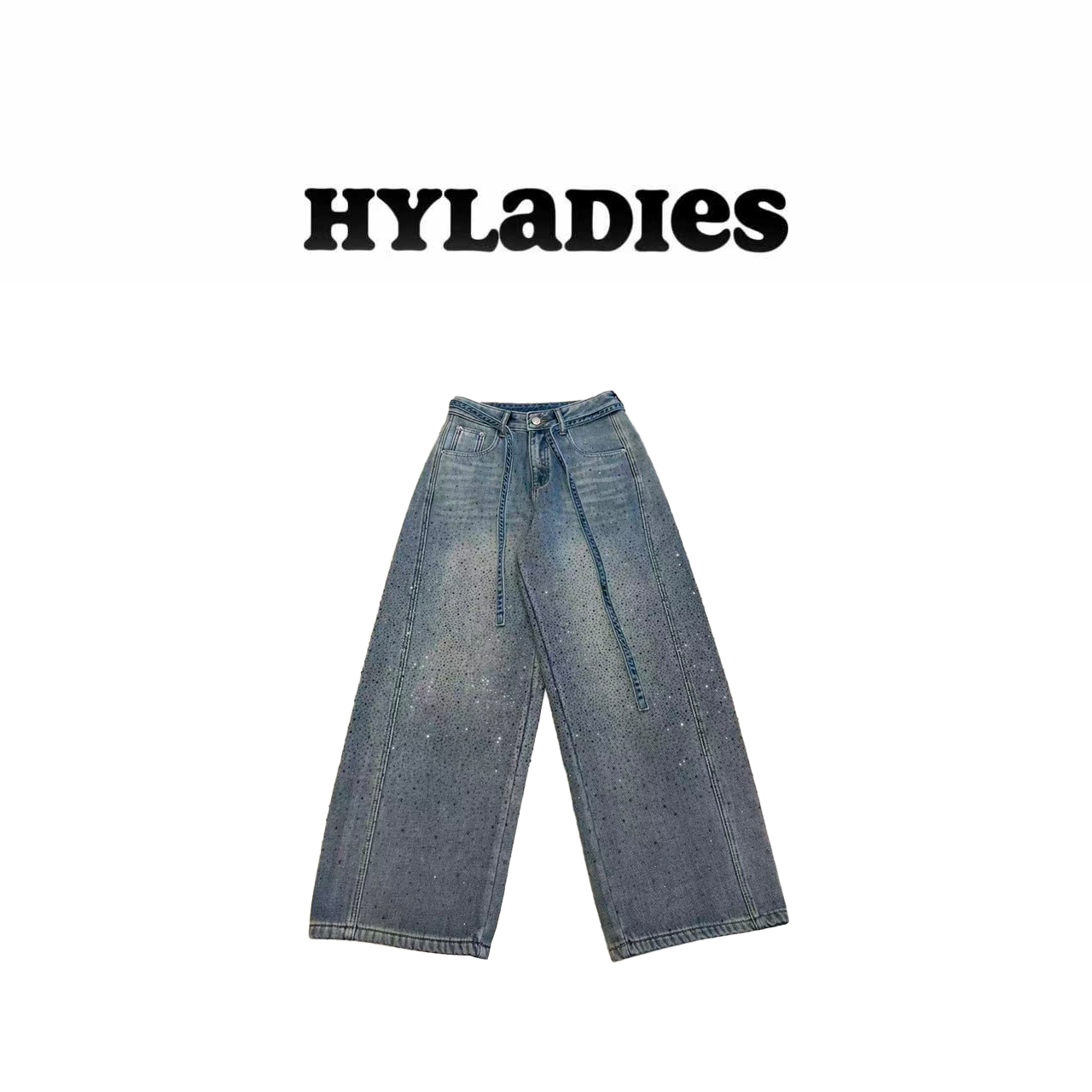 HYLADIESWEAR  『满天星烫钻』欧货牛仔裤女加绒加厚时尚宽松阔腿裤