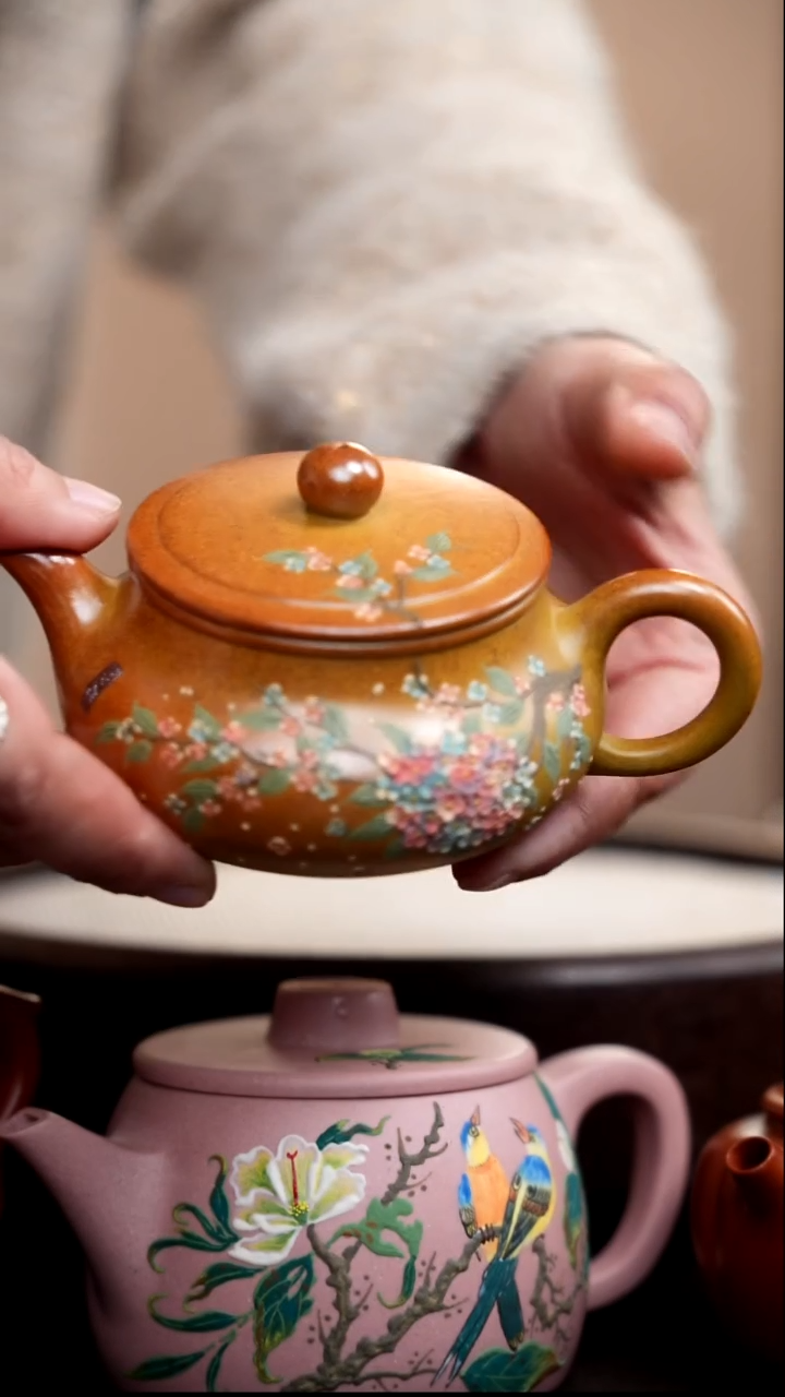 茶壶紫砂柴烧静乐泥绘绣球花