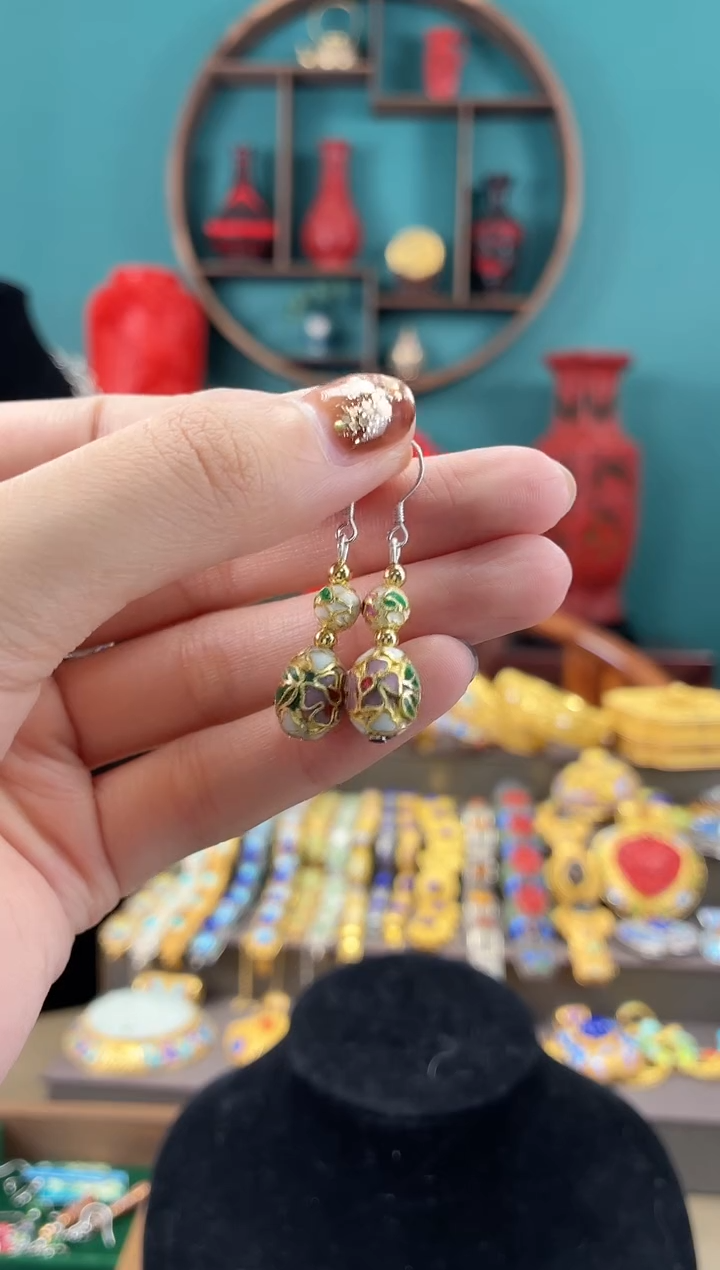 墨*非遗手工景泰蓝金地枣珠耳环加白