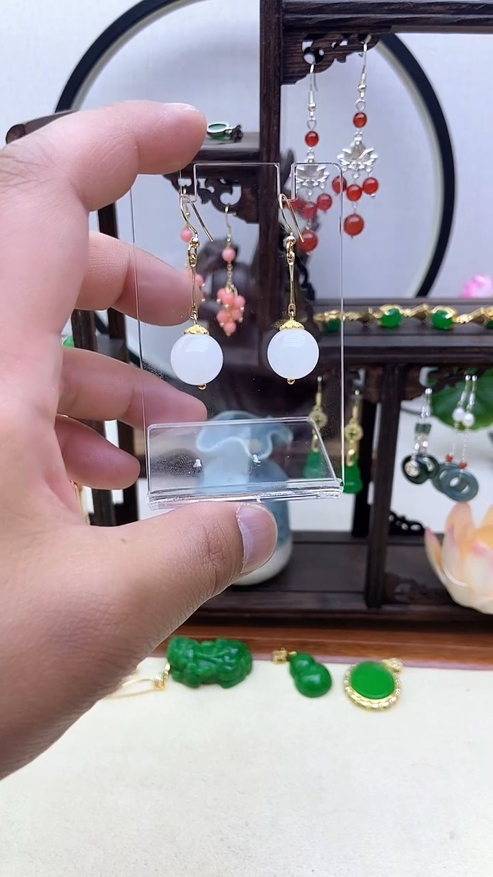 和田玉14K金镶嵌耳饰26号