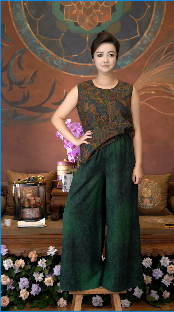 爱上莲心香云纱【迷雾森林】绿色绢提老料阔腿裤 新中式老钱风复古