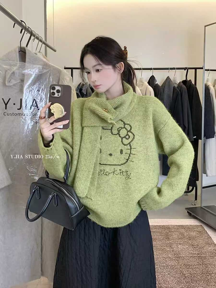 原版600克 可爱KT圆领套头毛衣女秋冬新短款配围脖软糯针织衫上衣