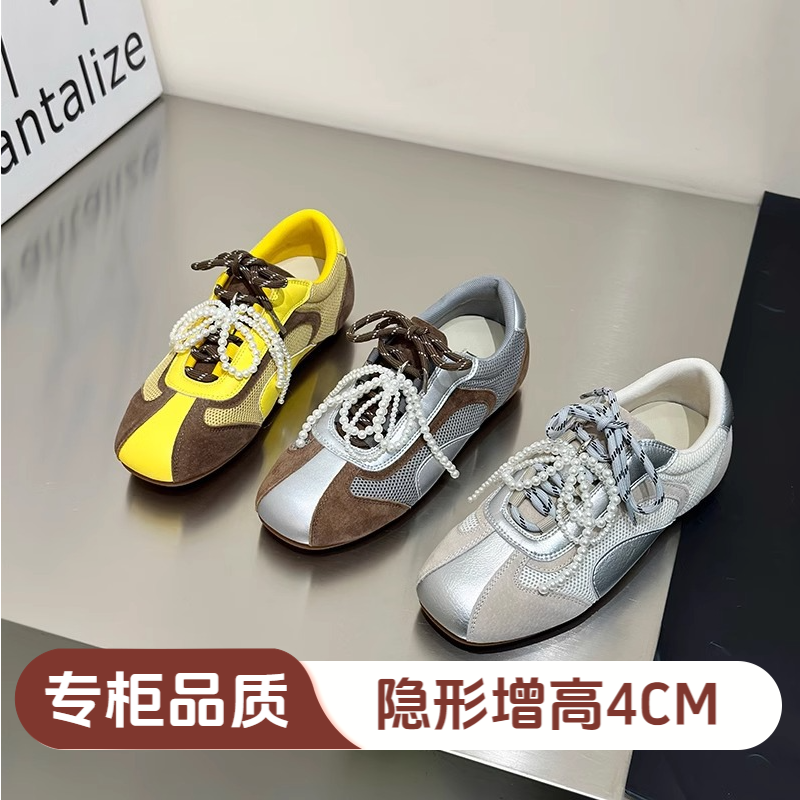 德训女真皮内增高双色带夏季鞋软底蝴蝶结鞋子女ins潮牌百搭透气
