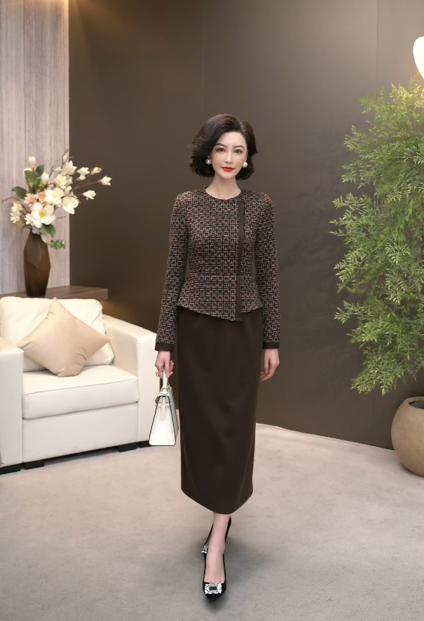 2025冬季咖色雪尼尔针织毛呢保暖松软弹力假两件直筒连衣裙WF3361