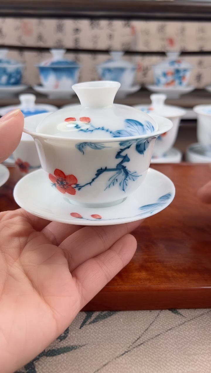 微瑕山茶花130ml三才盖碗