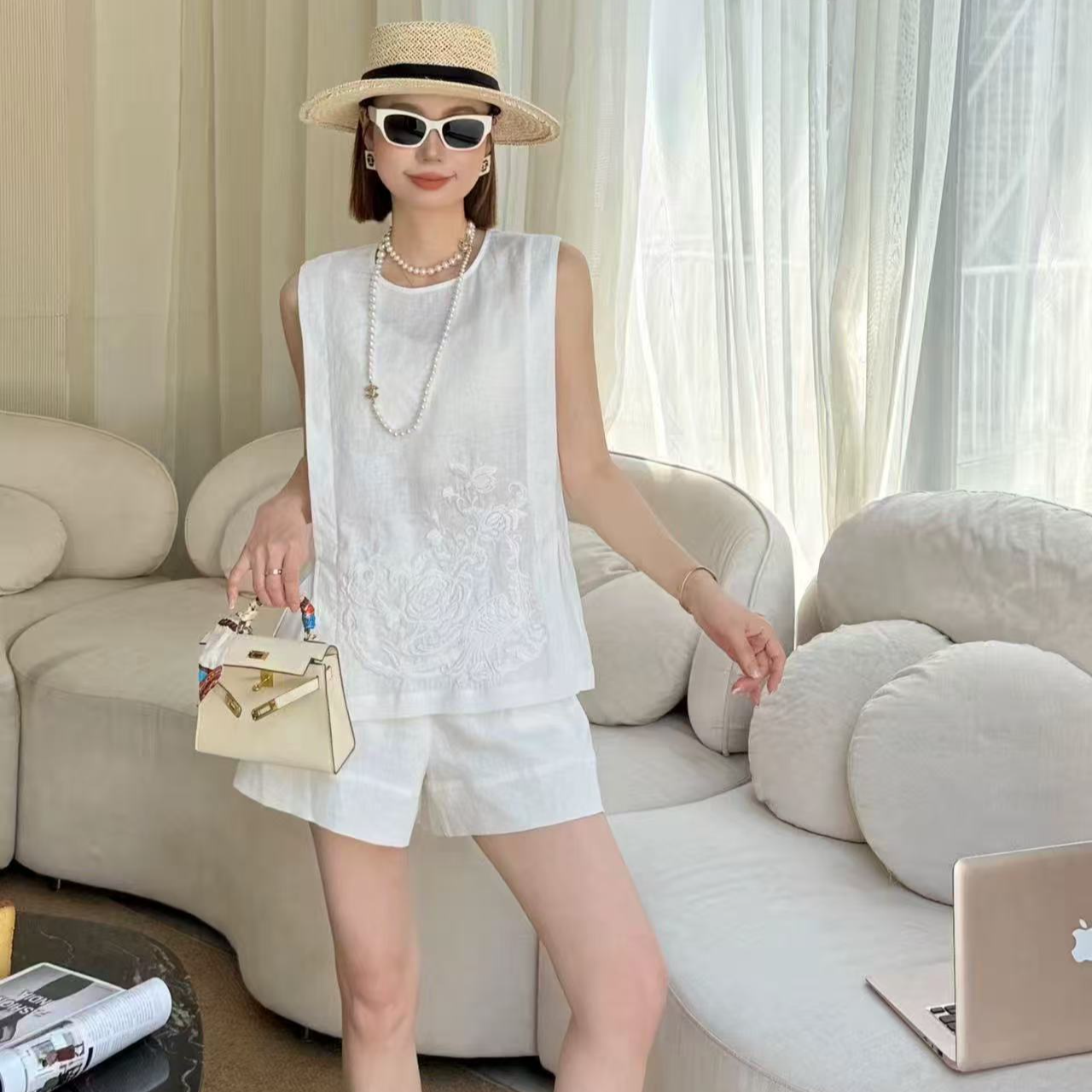518时尚亚麻中式刺绣短裤套装夏季显瘦洋气上衣两件套