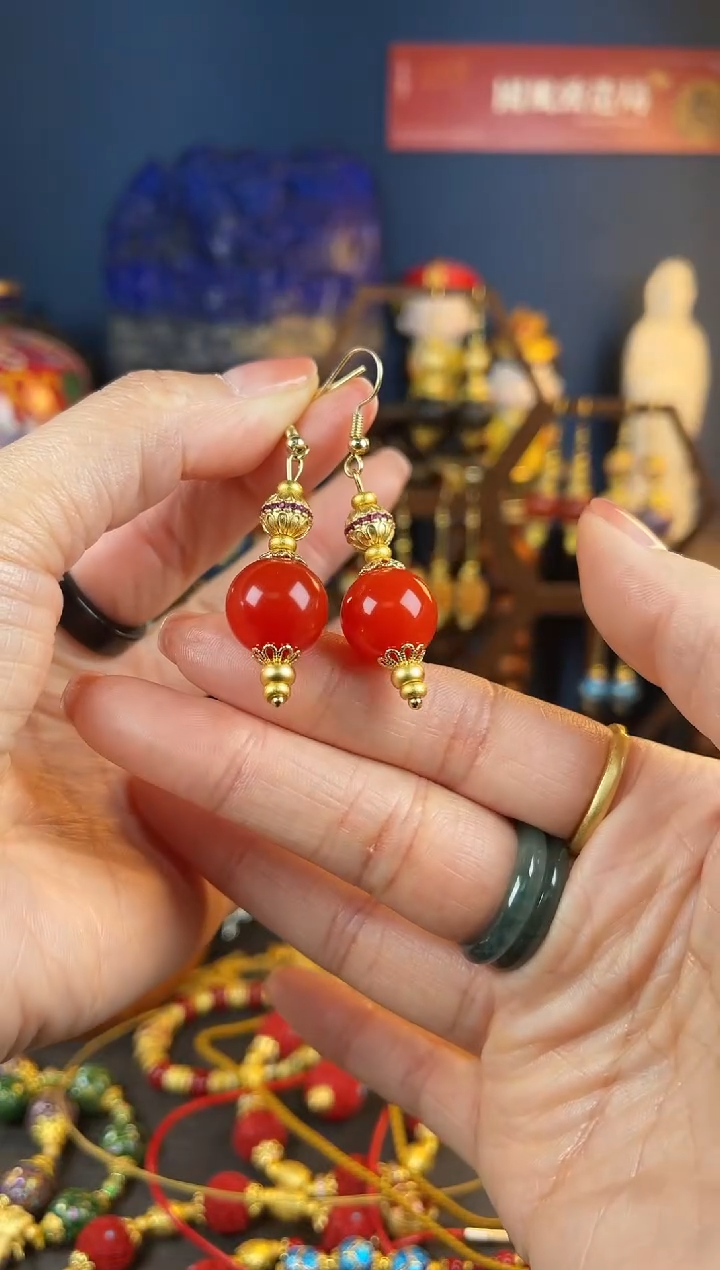 【闪购商品】玛瑙/玉髓耳钩银S925镀金镶嵌澳红耳钩