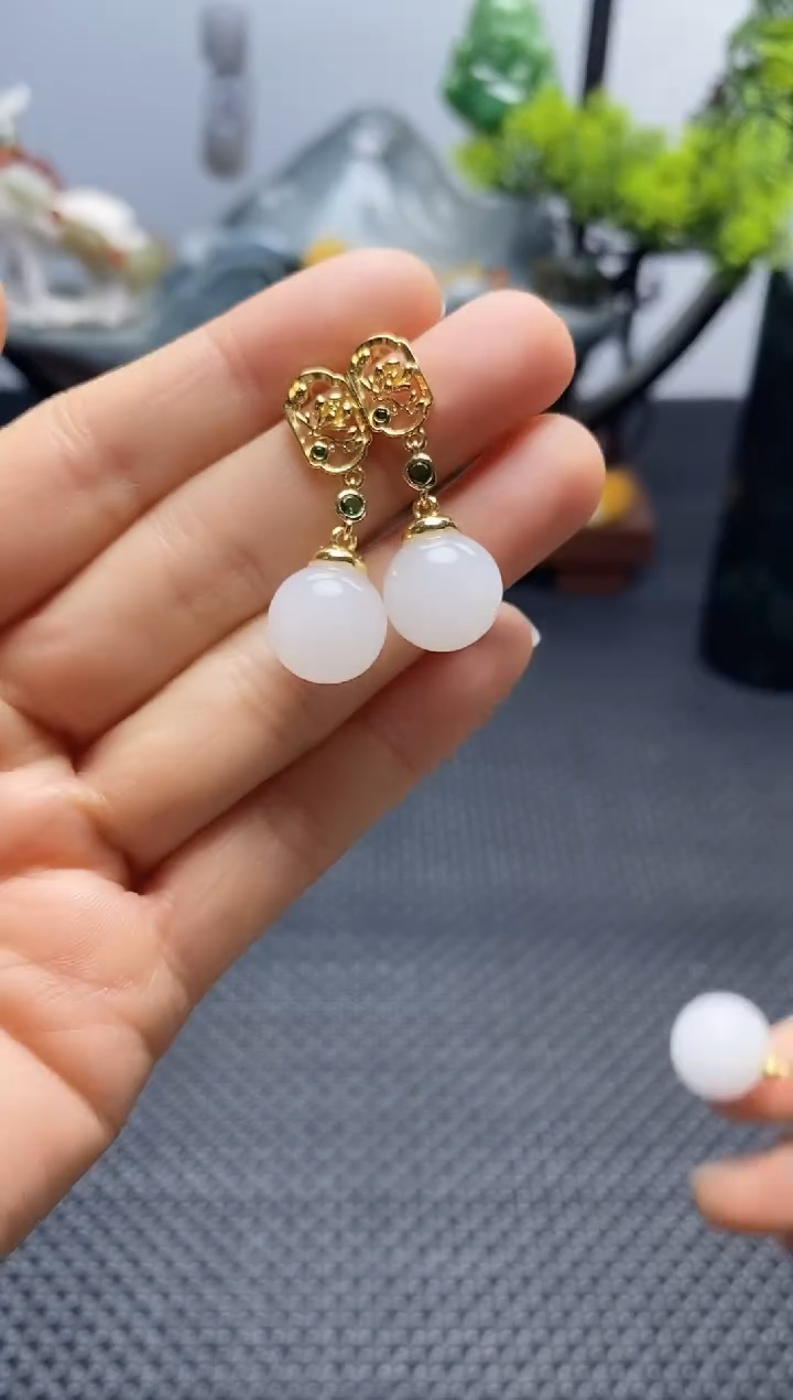 【闪购商品】石英质玉（金丝玉）耳钉银S925镶嵌金丝玉耳钉