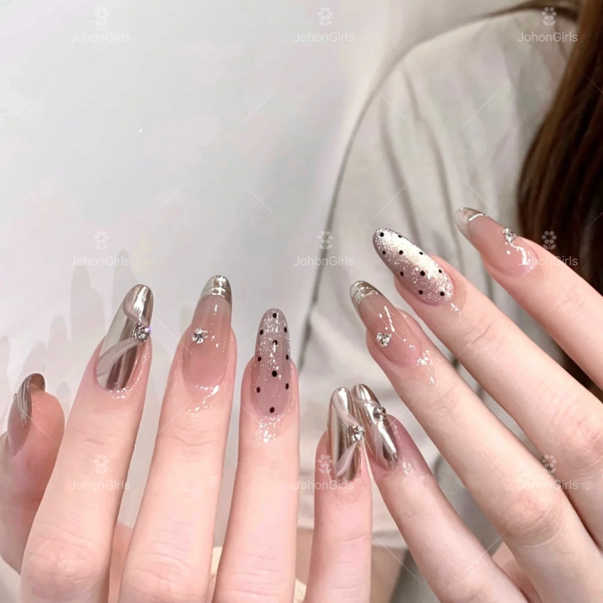 JohonGirls'/琴岛小嫚【温柔丝带】法式手工穿戴甲猫眼魔镜粉高级感