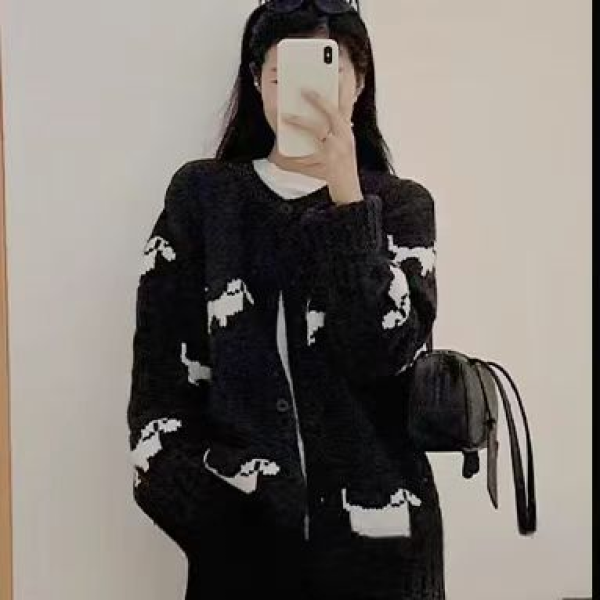 100%绵羊毛圆领长袖可爱小狗女式羊毛开衫25DZC0032