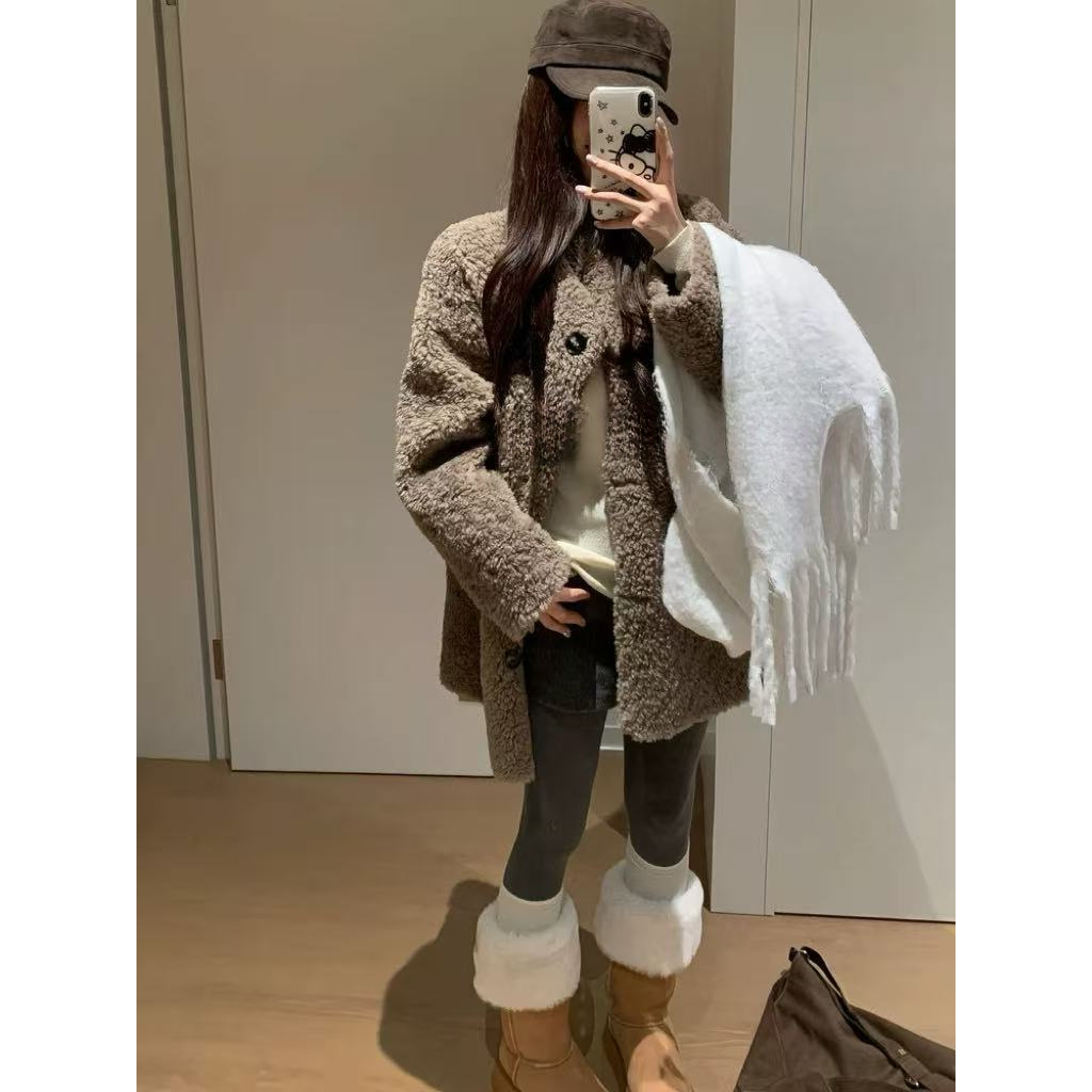 中长款常规款长袖冬季保暖短外套翻领皮毛一体羊羔毛