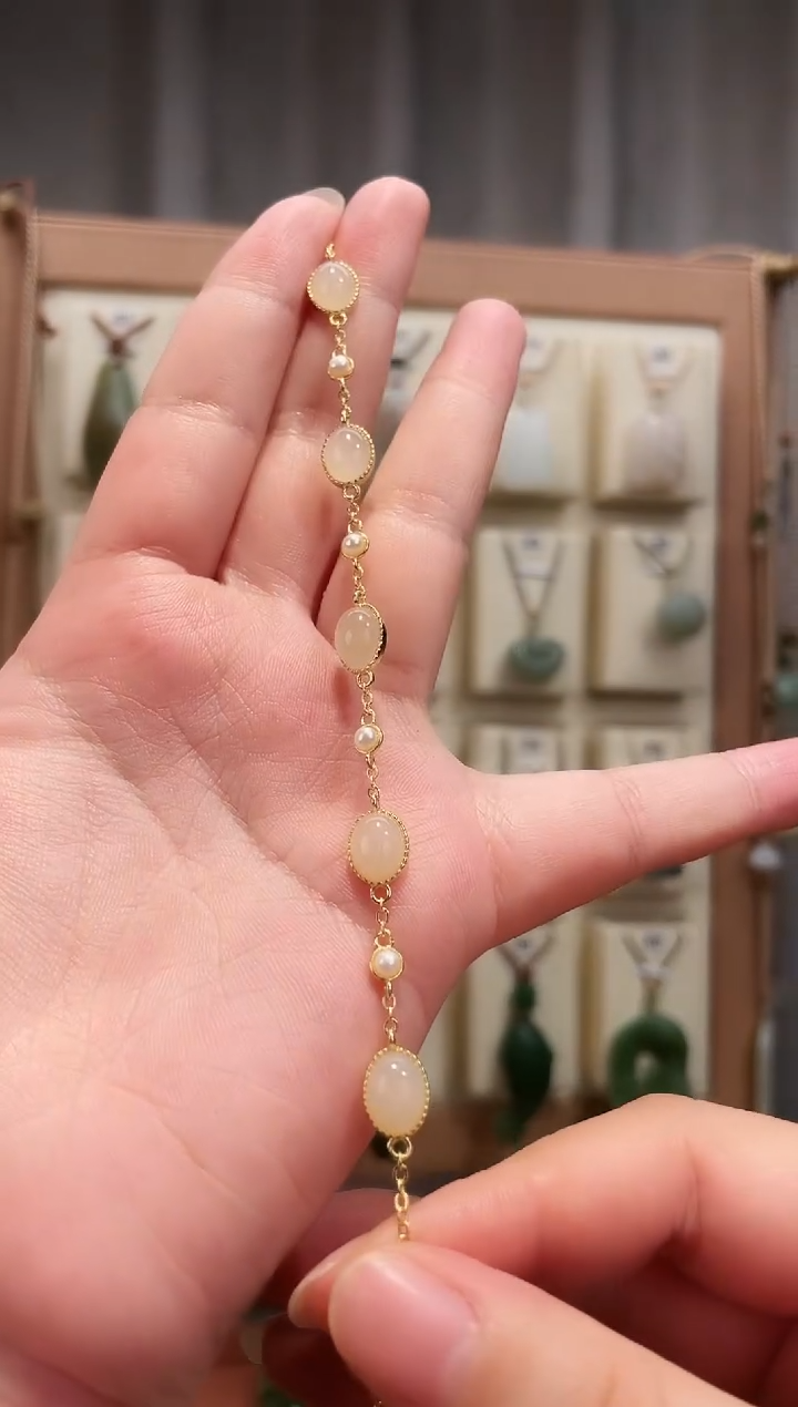 银S925镶嵌手链和田玉银镶藕粉和田玉手链